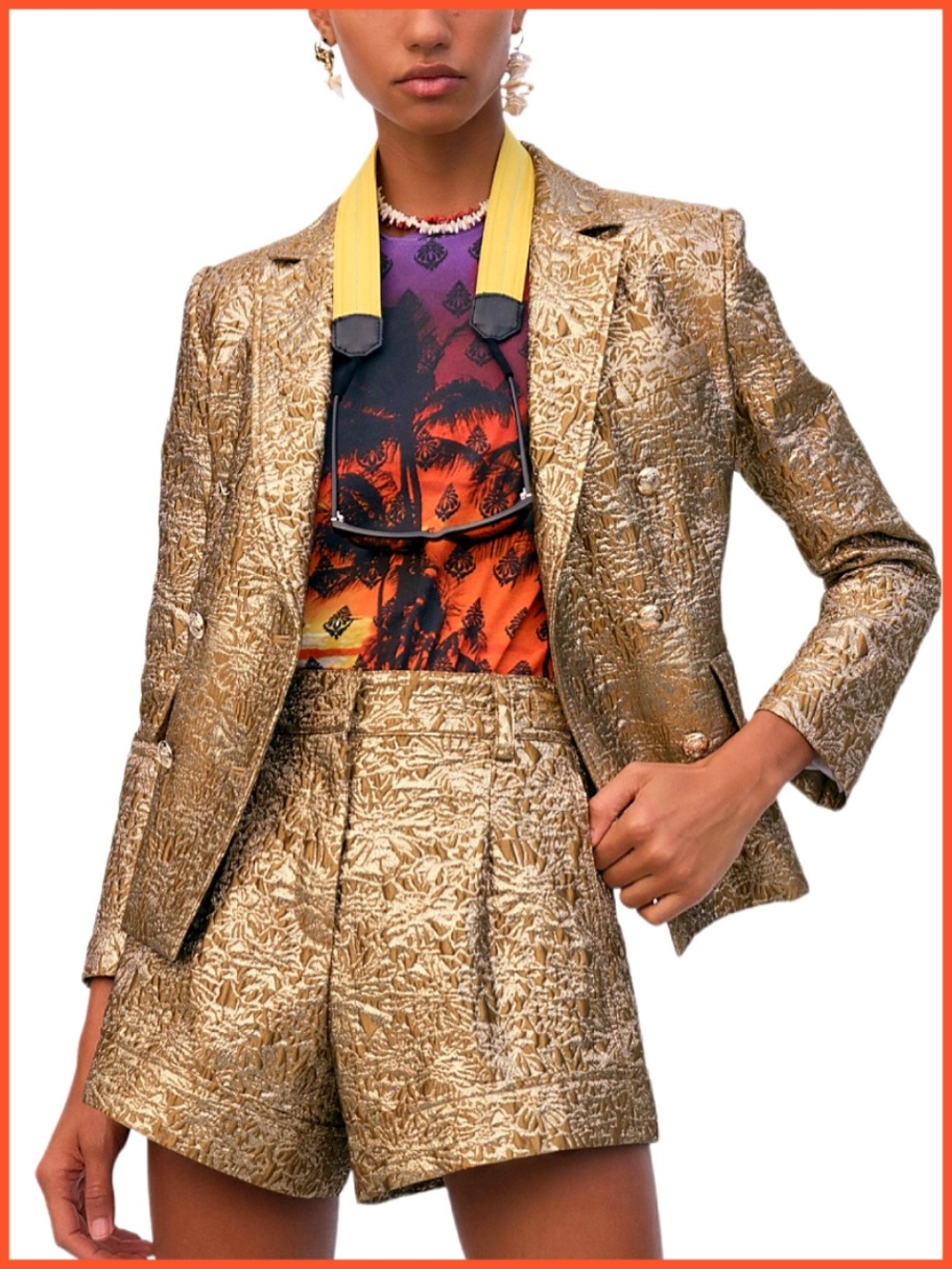 Derek Lam 10 Crosby Myla Gold Jacquard Double Breasted Blazer Jacket
